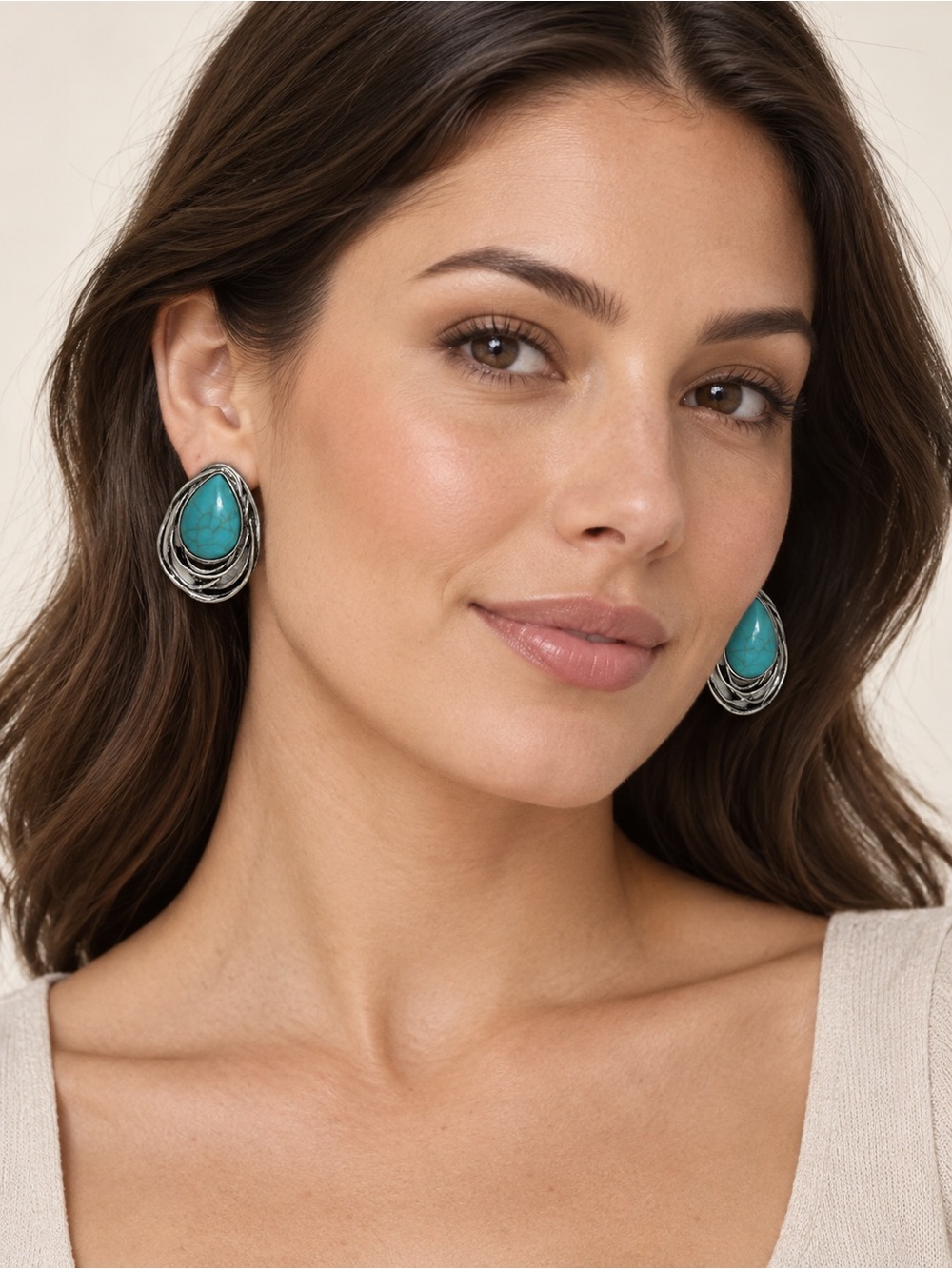 Turquoise Teardrop Earrings with Silver-Tone Accents